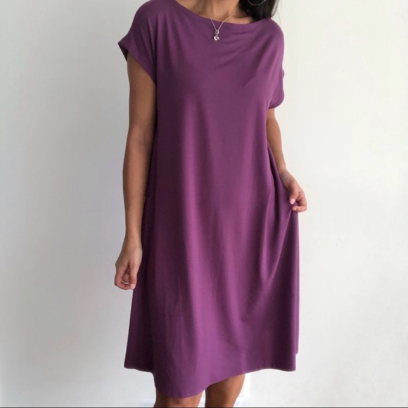 Eileen Fisher Curan Purple Bateau Neckline Twist Back Jersey Dress Size Medium - Picture 4 of 12